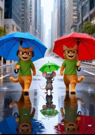 Два кота и мышонок под дождём в городе